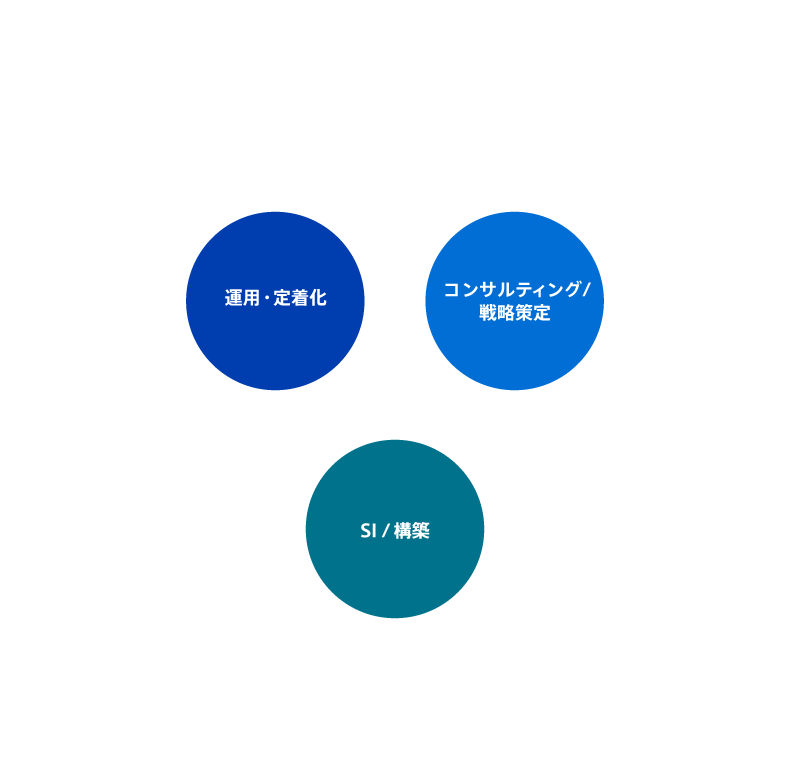 通信×AIをコアバリューとして、運用・定着化（運用改善・DX）、コンサルティング/戦略策定（プランニング）、SI/構築（フロントシステム・バックエンドシステム・HW/インフラ）を提供しています。
