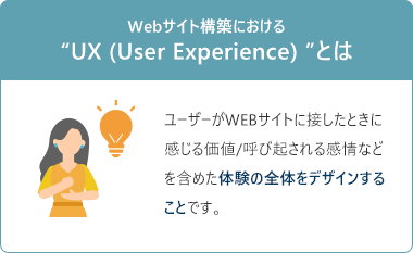 Webサイト構築における“UX (User Experience) ”とは、ユーザーがWebサイトに接した時に感じる価値/呼び起される感情などを含めた体験の全体をデザインすることです。