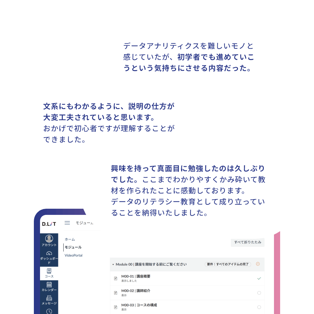 利用者の感想。　データアナリティクスを難しいモノと感じていたが、初学者でも進めていこうという気持ちにさせる内容だった。 文系にもわかるように、説明の仕方が大変工夫されていると思います。おかげで初心者ですが理解することができました。 興味を持って真面目に勉強したのは久しぶりでした。ここまでわかりやすくかみ砕いて教材を作られたことに感動しております。データのリテラシー教育として成り立っていることを納得いたしました。